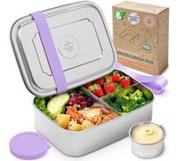 Everusely - Bento Box - Lavender, 47oz / 1.4 L - Large Stainless Steel Lunch Box & Leakproof Condiment Holder - 3 Compartment Snack Container Office Meals - Freezer & Dishwasher Safe
