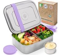 Everusely - Bento Box - Lavender, 60oz / 1.8 L - Extra Large Stainless Steel Lunch Box & Leakproof Condiment Holder - 3 Compartment Snack Container Office Meals - Freezer & Dishwasher Safe