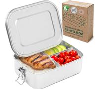 Everusely - Bento Box - Stainless Steel Lunch Box for Kids & Adults - 40 oz, 1.2 L - 3 Compartment Snack Container with Removable Silicone Seal & Secure Lock Clips - Leakproof & Dishwasher Safe