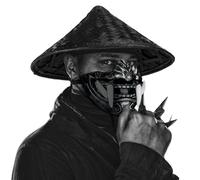 Evervibe 2 Pcs Samurai Halloween Costume Include Half Face Oni Mask Black Japanese Samurai Hat for Cosplay Party Accessory