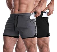 EVERWORTH Men's 2 in 1 Workout Shorts 5" Quick Dry Gym Shorts Bodybuilding Short Shorts Compression Shorts with Zipper Pocket, 2 Pack: Grey,black, X-Large
