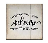Every Family Has A Story Welcome to Ours Hanging Wooden Sign Rustic Home Quotes Wood Plaque Sign for Farmhouse Living Room Bedroom Wall Art Decor 30 X 30 CM