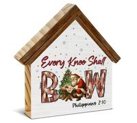 Every Knee Shall Bow Christian Christmas Decor, Nativity Scene Kneeling Santa Baby Jesus House Shaped Wood Sign, Christmas Home Decor for Desk Table Shelf