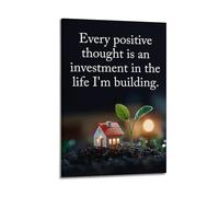 Every Positive Thought Is An Investment in The Life Im Building Mini House And Sprout Wall Art, Whimsical Motivational Decor Canvas Print for Bedroom And Living Room Artistic Wall Mural Modern Hanging