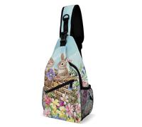 Everyday Crossbody Bag, Practical Chest Shoulder Pack, Perfect for Work, Shopping and Travel, Watercolor Basket of Flowers And Rabbits