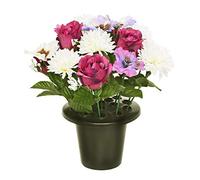 Everyday Floral ARTIFICIAL PURPLE PANSY CHRYSANTHEMUM & ROSE GRAVE POT WITH 16 FLOWERS - VASE INSERT MEMORIAL