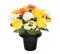 Everyday Floral ARTIFICIAL YELLOW PANSY CHRYSANTHEMUM & ROSE GRAVE POT WITH 16 FLOWERS - VASE INSERT MEMORIAL