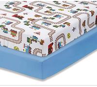 Everyday Kids 2 Pack Fitted Boys Crib Sheet, 100% Soft Breathable Sheet, Fits Standard Size Crib Mattress 28in x 52in, Nursery Sheet - Train/Light Blue