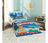 EVERYDAY KIDS 4 Piece Toddler Bedding Set -Choo Choo Train- Includes Comforter, Flat Sheet, Fitted Sheet and Reversible Pillowcase