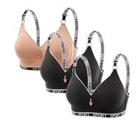 Everyday Seamless Bra 3 Pack Letter Print Wireless Bras Adjustable Straps High Support Brassiere Vest Tops Solid Full Figure Wirefree Padded Yoga Bralette Running Workout Gym Top 03 Beige M