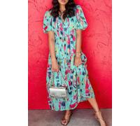 Everyday The Label Abstract Print Short Puff Sleeve Tiered Maxi Dress - Turquoise - M US