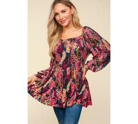 Everyday The Label Floral Print Long Sleeve Babydoll Dress with Square Neck - Hunter Green/Berry - M US