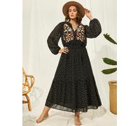 Everyday The Label Plus Size Embroidered Tassel Balloon Sleeve Dress - Black - 3XL US