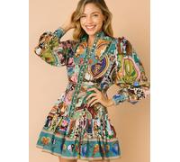 Everyday The Label Printed Long Sleeve Mini Dress with Belt - Multicolor - L US