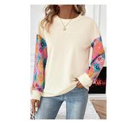 Everyday The Label Women's Apricot Geometric Printed Patchwork Long Sleeve Round Neck Top in Beige | Size: Small Everyday The Label Beige S