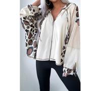 Everyday The Label Women's Apricot Oversized Leopard Contrast Mixed Texture Patchwork Zip Up Drop in Beige | Size: XL Everyday The Label Beige XL