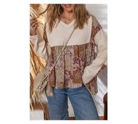 Everyday The Label Women's Beige Paisley Ethnic Print Contrast Patchwork Long Sleeve Loose Top | Size: XL Everyday The Label Beige XL