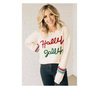 Everyday The Label Women's Beige Tinsel Holly Jolly Graphic Classic Sweater | Size: XL Everyday The Label Beige XL