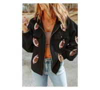 Everyday The Label Women's Black Sequined Rugby Football Pattern Pocketed Zipper Hooded Jacket | Size: Medium Everyday The Label Black M