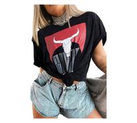 Everyday The Label Women's Black Western HOWDY Steer Head Print Side Slits Loose Fit T-Shirt | Size: XL Everyday The Label Black XL