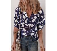 Everyday The Label Women's Blue Abstract Print Frilled Puff Sleeve V Neck Blouse | Size: Medium Everyday The Label Blue M