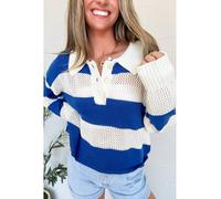 Everyday The Label Women's Blue Stripe Colorblock Polo Collar Eyelet Crochet Knitted Sweater | Size: Large Everyday The Label Multicolor L