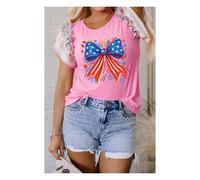 Everyday The Label Women's Bonbon Independence Celebration Bowknot Graphic Ruffled Sleeve Ribbed in Bright Pink | Size: XL Everyday The Label Bright Pink XL