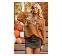 Everyday The Label Women's Chestnut Sequin Happy Halloween Graphic Notched Neck Long Sleeve Loose in Brown | Size: XL Everyday The Label Brown XL