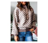 Everyday The Label Women's Dark Brown Half Button Ribbed Trim Checkerboard Knit Sweater | Size: XL Everyday The Label Dark Brown XL