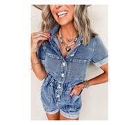 Everyday The Label Women's Dusk Blue Chest Pocket Front Buttoned Folded Edge Denim Short Sleeve in Mid Blue | Size: Large Everyday The Label Mid Blue L
