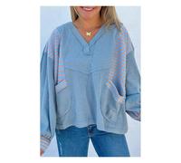 Everyday The Label Women's Dusk Blue Exposed Seam Waffle Striped Patchwork Baggy Pullover in Mid Blue | Size: XL Everyday The Label Mid Blue XL