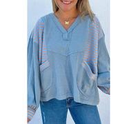 Everyday The Label Women's Dusk Blue Exposed Seam Waffle Striped Patchwork Baggy Pullover | Size: Small Everyday The Label Multicolor S