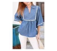 Everyday The Label Women's Dusk Blue Lace Ric Rac 3/4 Puff Sleeve Collared Babydoll Blouse in Mid Blue | Size: Medium Everyday The Label Mid Blue M