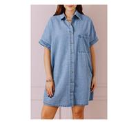 Everyday The Label Women's Dusk Blue Short Sleeve Pocketed Button up Denim Tunic Dress in Mid Blue | Size: Large Everyday The Label Mid Blue L