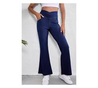 Everyday The Label Women's Dusk Blue Solid Crossed Waist High Elastic Fit Flare Knit Jeans in Mid Blue | Size: 8 Everyday The Label Mid Blue 8