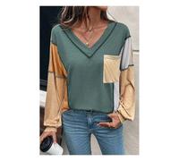 Everyday The Label Women's Four Leaf Clover Exposed Stitching Colorblock V Neck Long Sleeve Top in Dark Green | Size: Large Everyday The Label Dark Green L