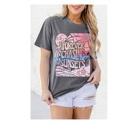 Everyday The Label Women's Gray FOREVER CHASING SUNSETS Graphic Summer T-Shirt in Grey | Size: Medium Everyday The Label Grey M