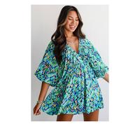 Everyday The Label Women's Green Abstract Print Puff Sleeve V Neck High Waist Romper | Size: Medium Everyday The Label Green M