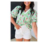 Everyday The Label Women's Green Floral Print Ricrac Trim Contrast V Neck Bubble Sleeve Summer | Size: Large Everyday The Label Green L