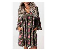 Everyday The Label Women's Green Floral Print Split Neck Bubble Sleeve Shift Mini Dress | Size: XL Everyday The Label Green XL