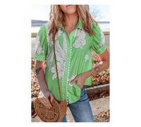 Everyday The Label Women's Green Floral Ric Rac Edge Puff Sleeve Button Up Summer Shirt | Size: Medium Everyday The Label Green M