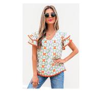 Everyday The Label Women's Green Geometric Floral Print Layered Flutter Sleeve V Neck Ric Rac | Size: Large Everyday The Label Green L