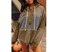 Everyday The Label Women's Jungle Green Mixed Texture Patchwork Exposed Seam Half Button Pullover | Size: Small Everyday The Label Multicolor S