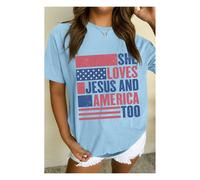 Everyday The Label Women's Light Blue SHE LOVES JESUS & AMERICA TOO Flag Graphic T-Shirt | Size: 22 Everyday The Label Light Blue 22