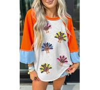 Everyday The Label Women's Light Grey Thanksgiving Turkey Sequin Graphic Color Block Long Raglan | Size: Small Everyday The Label Multicolor S