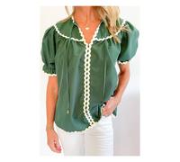Everyday The Label Women's Mist Green Ric Rac Trim Tie Split Neck Short Sleeve Blouse | Size: Small Everyday The Label Multicolor S