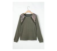 Everyday The Label Women's Moss Green Leopard Print Crochet Patchwork Rib Textured Knit Top in Dark Green | Size: Small Everyday The Label Dark Green S