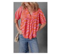 Everyday The Label Women's Orange Zebra Stripe Print Ruched Cuff Half Sleeve V Neck Blouse | Size: Large Everyday The Label Orange L