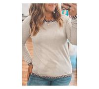 Everyday The Label Women's Parchment Ribbed Contrast Leopard Edge Round Neck Plus Knit Top in Ecru | Size: 2XL Everyday The Label Ecru 2XL