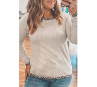 Everyday The Label Women's Parchment Ribbed Contrast Leopard Edge Round Neck Plus Knit Top | Size: 4XL Everyday The Label Multicolor 4XL